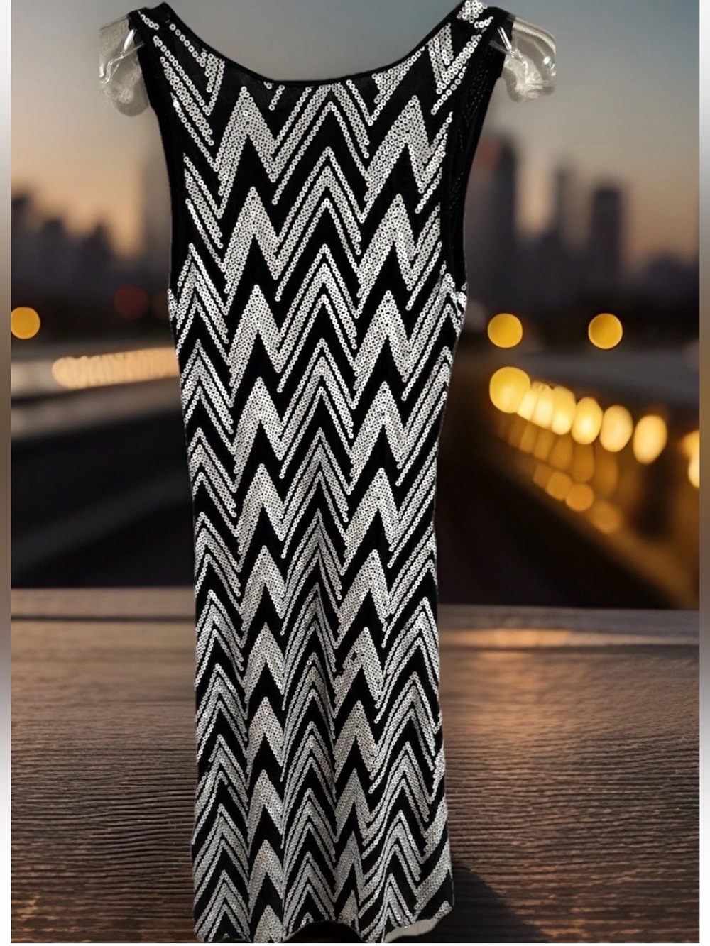 Tyche Bla/silverGeometric Zig Zag Chevron Bodycon Mini Dress Sleeveless Sz S USA
